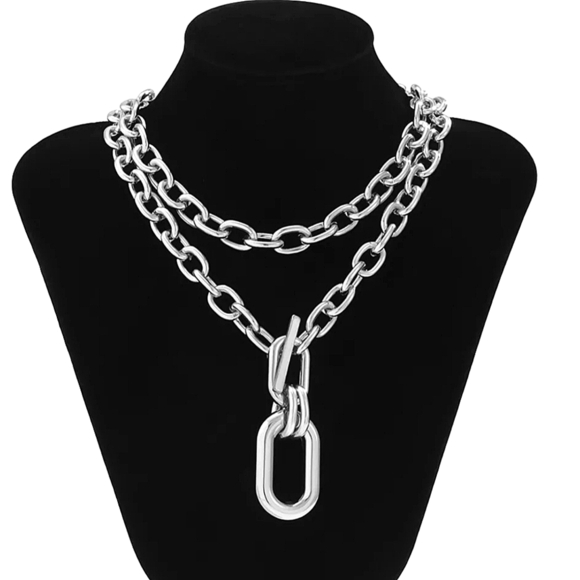 Oversized Silver Chunky Toggle Statement Necklace - Picture 3 of 7